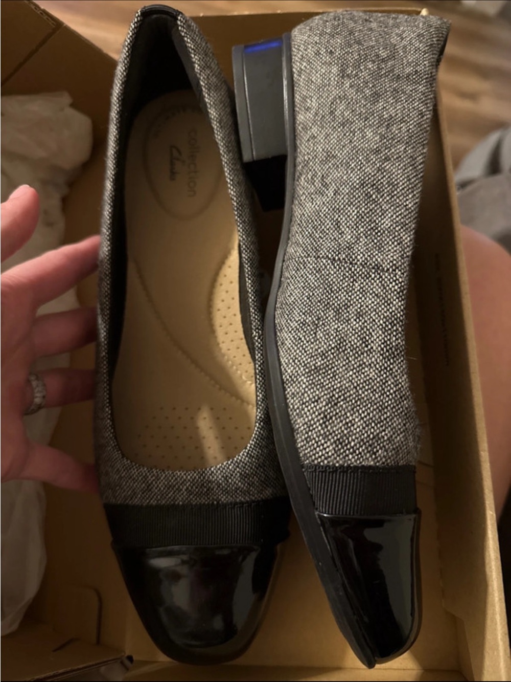 Clarks Gray Tweed Flats with Black Patent Cap Toe
